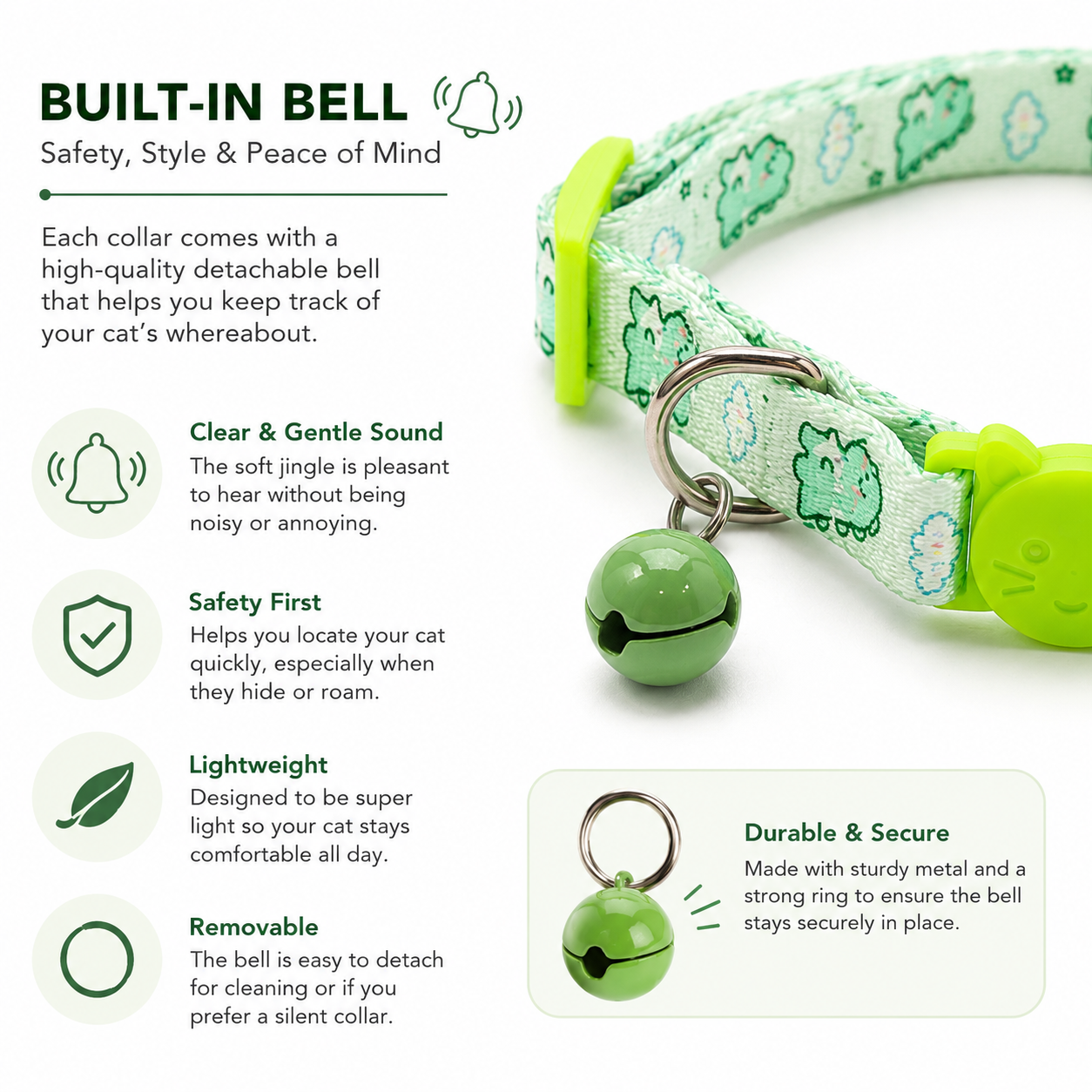Talking Dog Club - Everyday Cat Collars - With Attached Bell - Dino