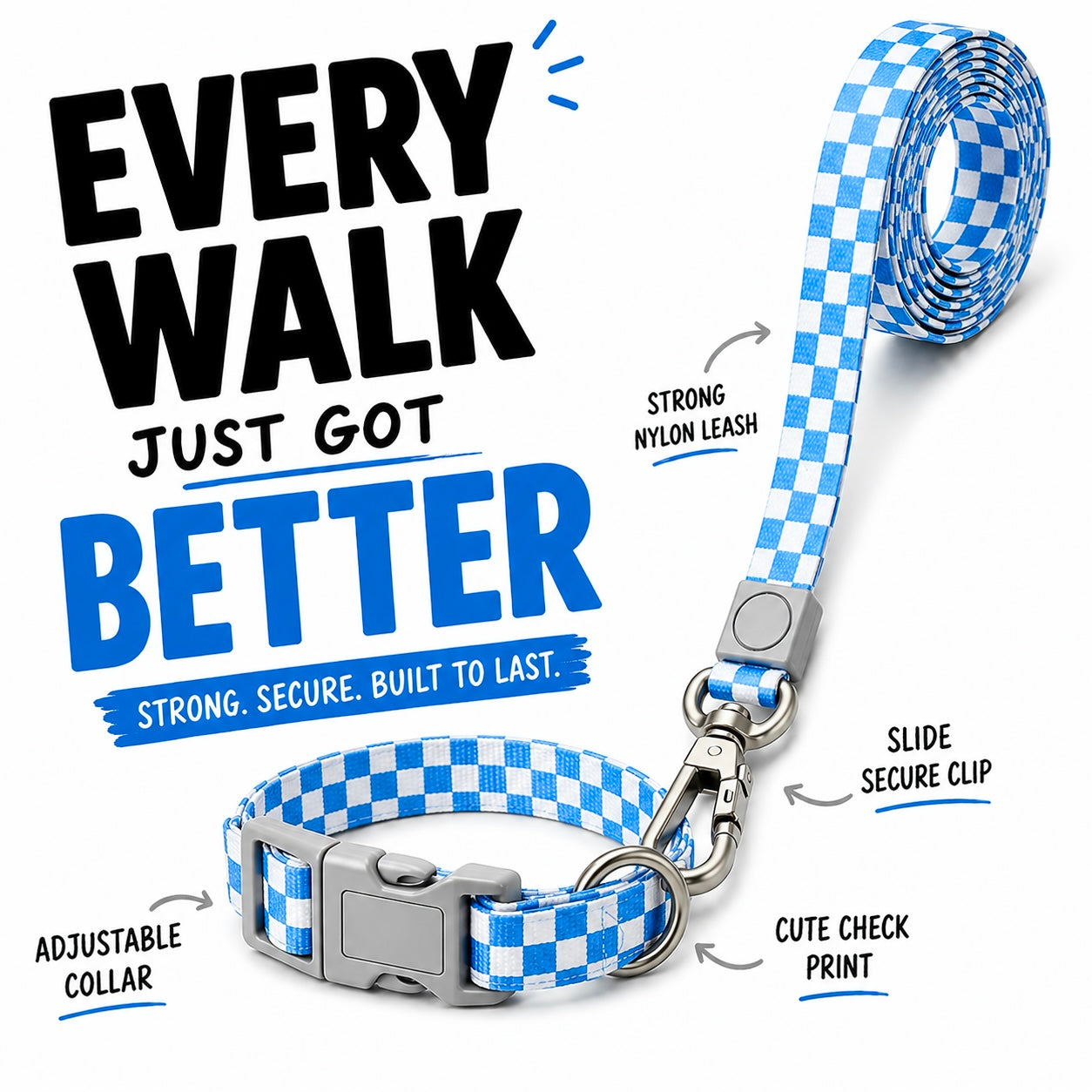 Checkmate Leash and Collar Combo - Blue