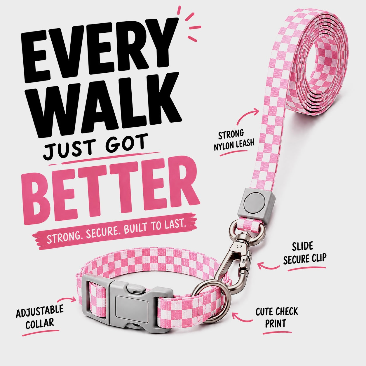 Checkmate Leash and Collar Combo - Pink