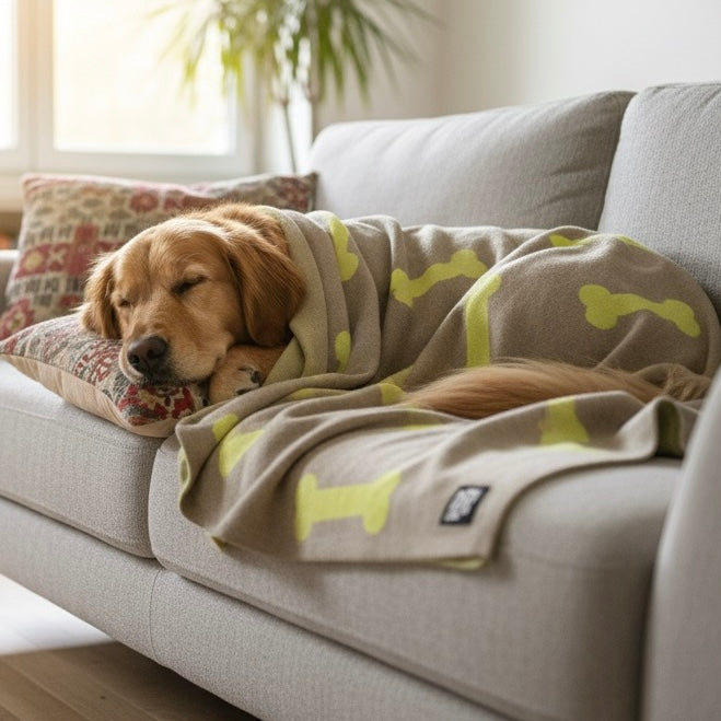 Bone Print Viscose Blanket - Ivory and Green- For Large Size Dogs