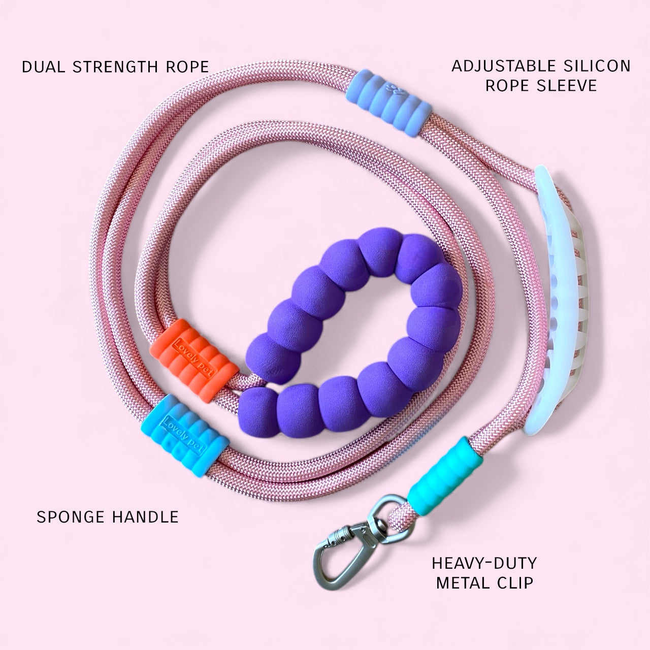 Vivid - Bright Color Extra Strong Leash - Pink Leash/ Purple Handle