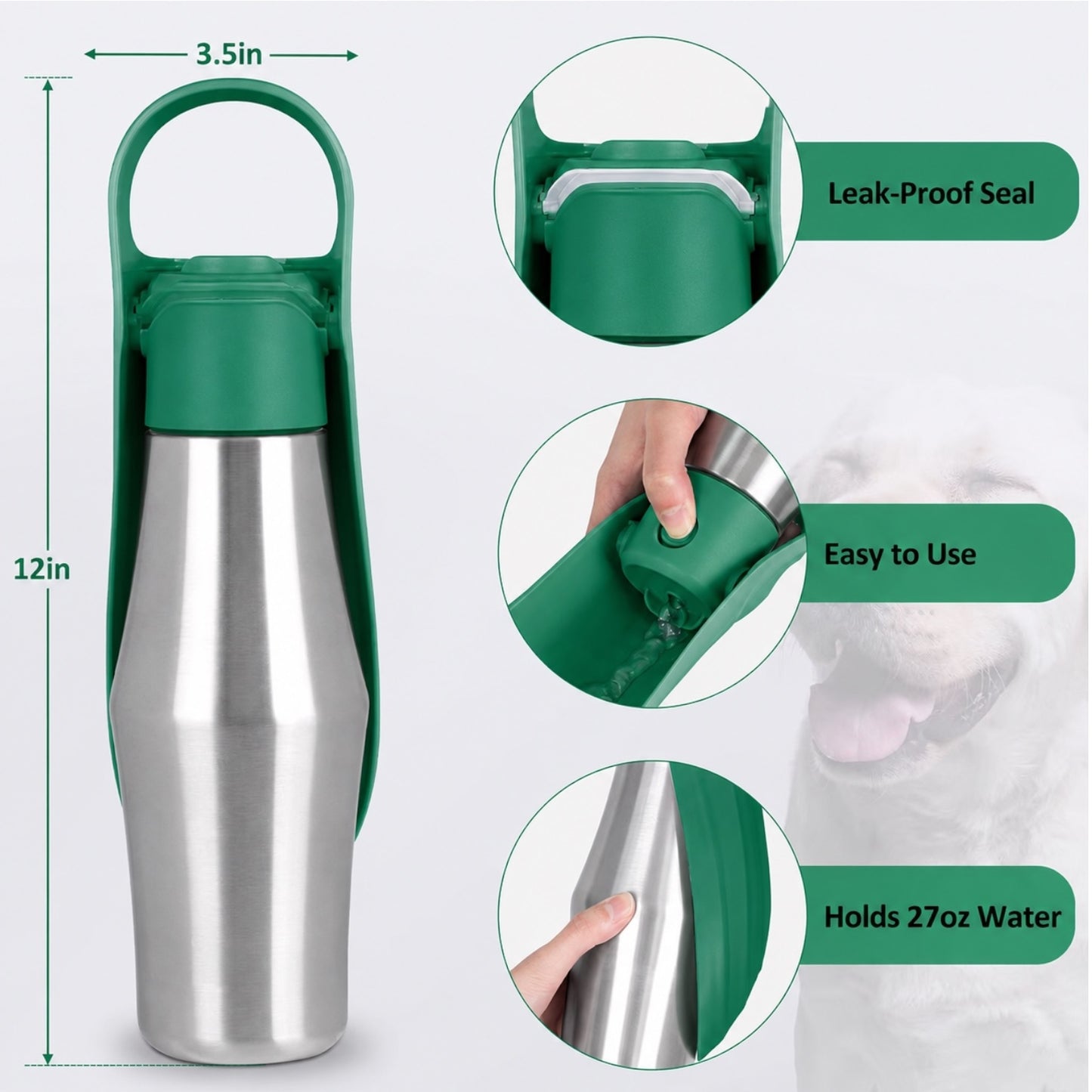 Stainless Steel Travel Water Bottle for Dogs - Green